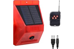 RISOON Solar Strobe Light with Remote Controller, Solar Alarm Light with Motion Detector 129db Sound Security Siren IP65 Waterproof, Protected Your Home, Farm, Barn, Barn,Villa,Yard (Red)