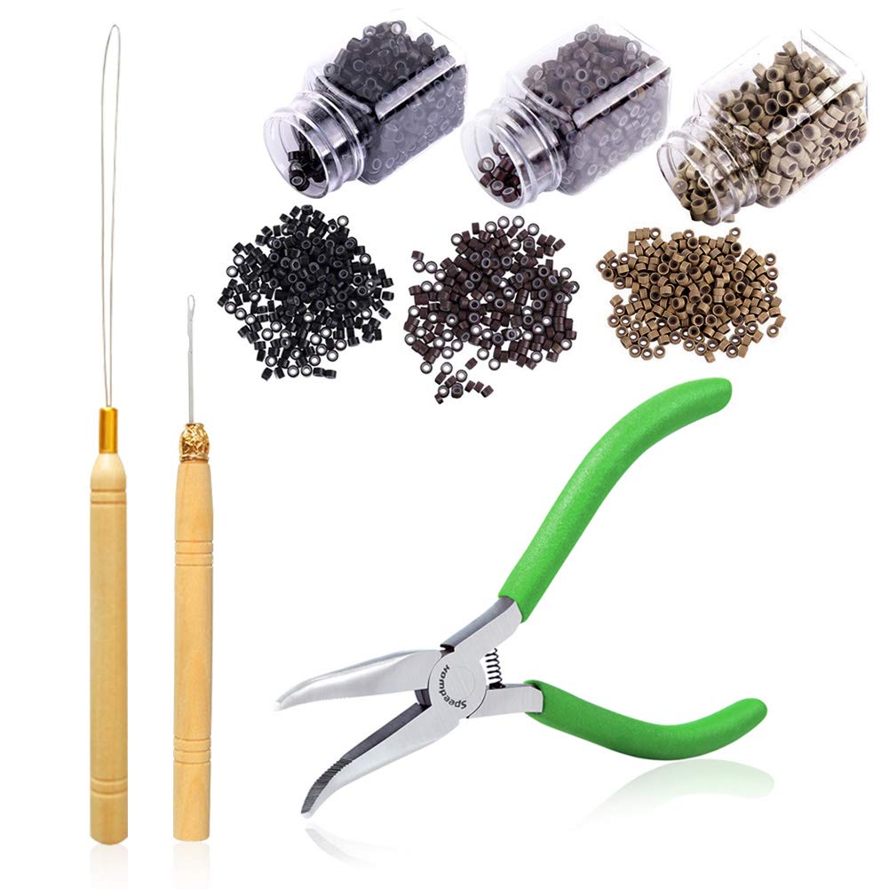 SPEEDWOX Pulling Hook Bead Device Tool Hair Extension Kit Pliers 1500 Pieces 5mm Black Brown Blonde Silicone Lined Micro Rings Bent Nose Pliers Smooth Jaws 5.5 Inches