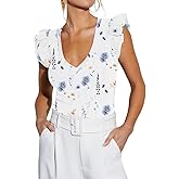 BONITEE Women Summer Ruffle Tops Sexy Deep V Neck Short Sleeve Shirts Trendy Casual Ribbed Slim Fitted Knit Tees Blouse