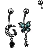 ALACLO 2Pcs Halloween Dangle Belly Button Rings 14G Internally Threaded Belly Button Navel Piercing Jewelry 316L Stainless Steel Butterfly Moon Star Claw Black Navel Ring 10mm