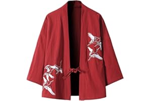 PRIJOUHE Men's Japanese Kimono Jacket Cardigan Yukata Noragi Casual Fashion Seven Sleeves Lightweight Open Front Coat