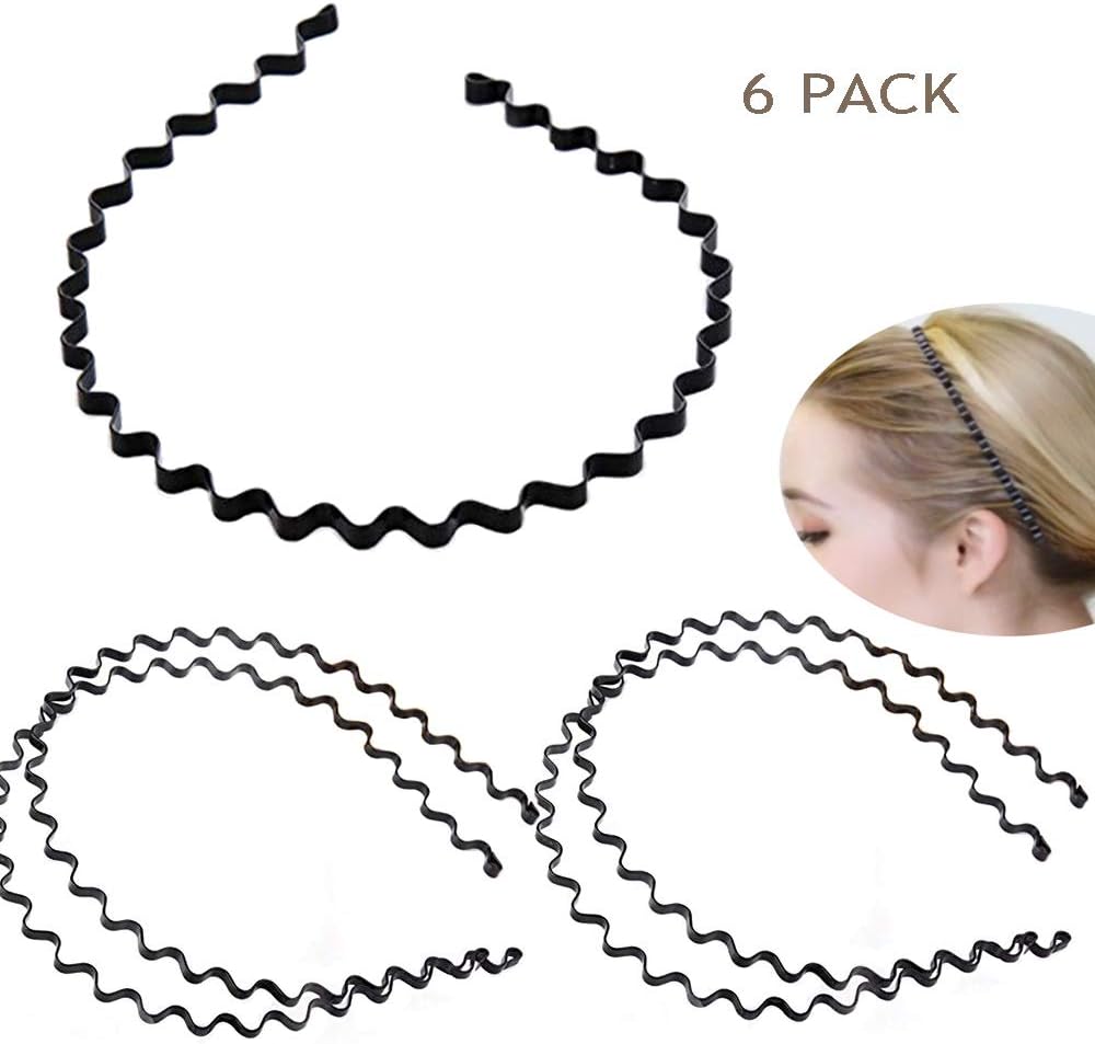 6PCS Black Wavy Metal Hair Band Hoop Adjustable Men Women Headband Headwear Accessories for Bathing,Washing Face