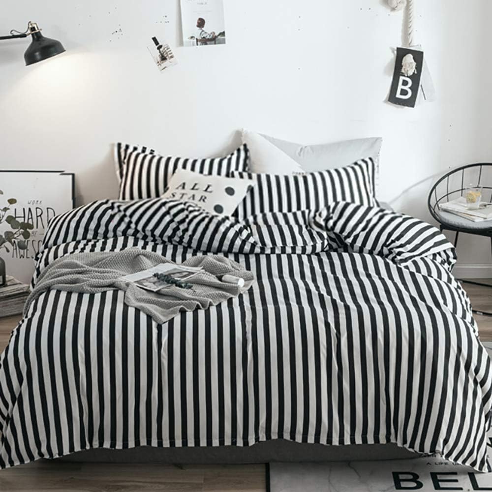 KAREVERBlack White Striped Duvet Cover Set Queen Cotton Bedding Vertical Ticking Stripes Pattern Printed 3 Pieces Comforter Cover Set