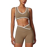 ABOCIW Workout Sets for Women Color Block Sports Bra Crossover Waist Shorts 2 Piece Gym Yoga Pilates Outfits