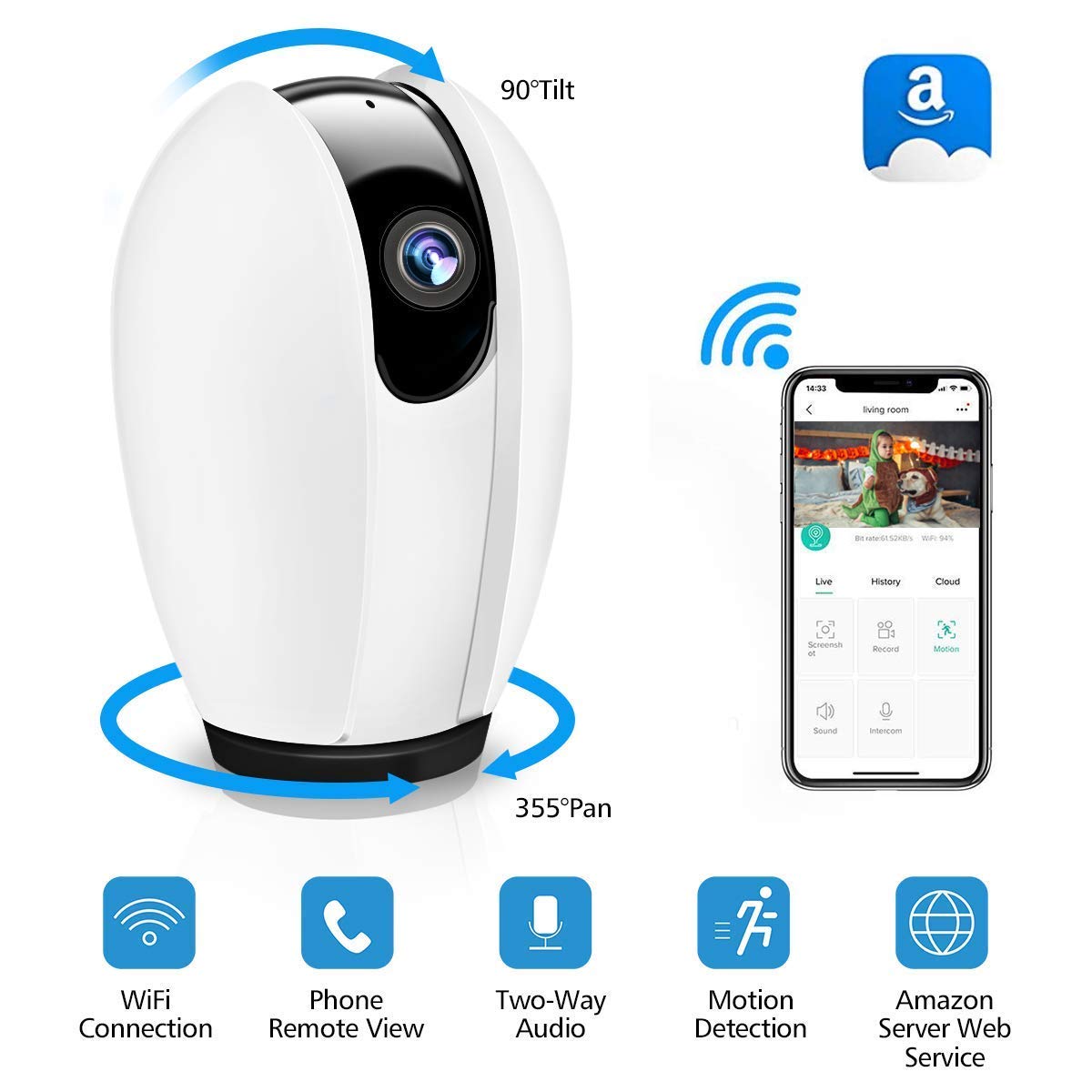 Telecamera WiFi, DIGOO 720P HD Telecamera IP, Telecamera di Sorveglianza Wifi Wireless Camera Interno, Telecamera videosorvegilanza con Audio Bidirezionale，Modalità Notturna a Infrarossi Videocamera di sorveglianza Camera， Camera WIFI Monit