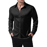 JEMITOP Mens Shiny Luxury Satin Slim Fit Dress Shirts Silk-Like Glossy Long Sleeve Button Down Shirts for Wedding Party Prom