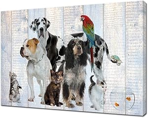 Artsbay Animal Canvas Wall Art Dog Cat Painting Pictures on Vintage Wood Texture for Kids Room Decor Puppy Artwork Giclee Print Modern Home Living Room Decoration Ready to Hang 24x36inch