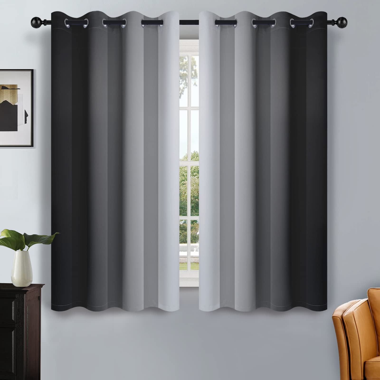 SimpleHome Ombre Room Darkening Curtains for Bedroom, Gradient Black to Grey White Light Blocking Thermal Insulated Grommet Window Curtain/Drapes for Living Room,2 Panels, 52x54 inches Length — image 1