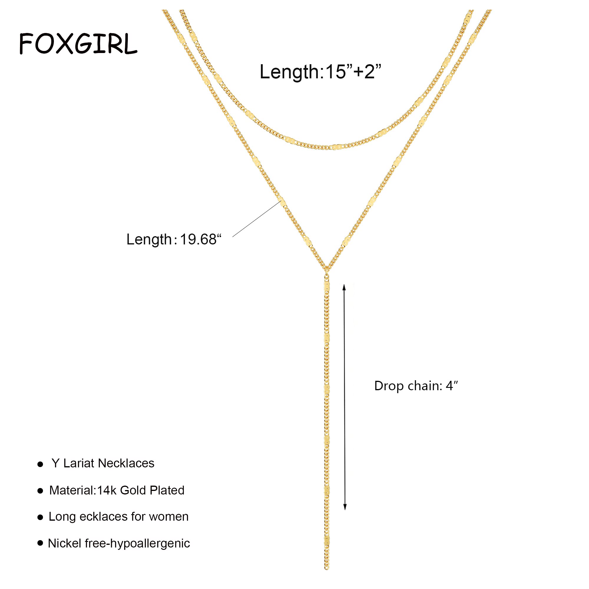 Foxgirl Lariat Gold Necklace for Women, Dainty Long Necklace 14k Gold Plated/Silver Y-Shaped Pendant Necklace Trendy Layered Cz Beaded Chain Drop Necklaces Simple Gold Jewelry For Women Gift
