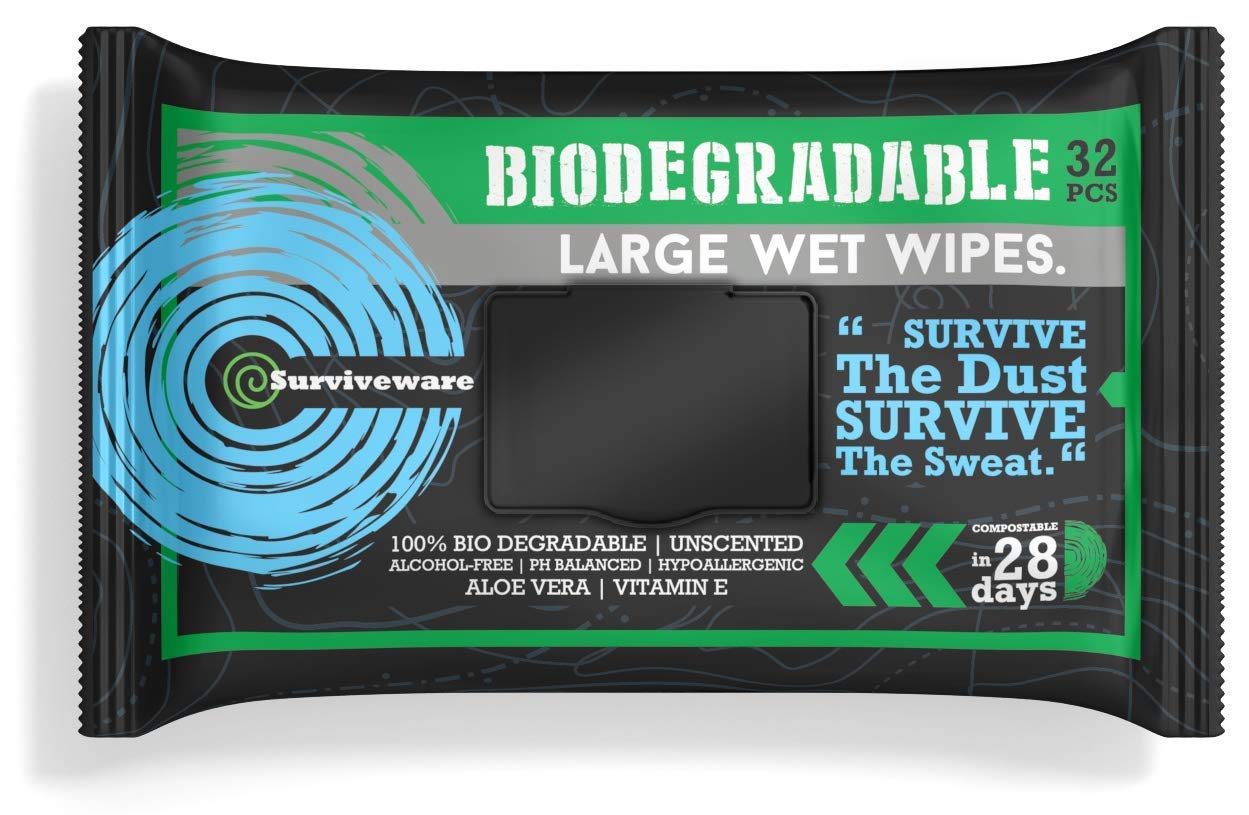 Surviveware Biodegradable Wet Wipes Large Pack - Rinse Free Shower Wipes for Post Workouts, Camping, Backpacking, Outdoors and Hiking: Beauty