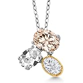 925 Silver and 10K Yellow Gold Peach Morganite White Created Sapphire and White Moissanite Pendant Necklace For Women (2.50 Cttw, Oval 8X6MM, 7X5MM and 6X4MM, October Birthstone, with 18 Inch Chain)