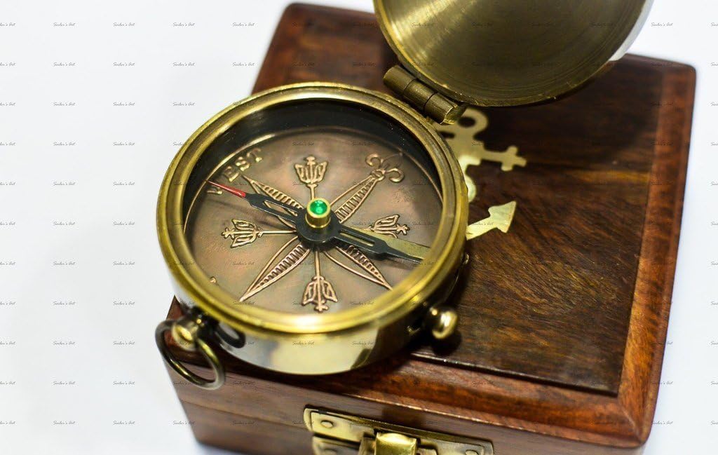 World Of Vintage Happiness Is A Direction Not A Place Quote Antique Brass Compass 2 Inch with Wooden Box, Unique Gift