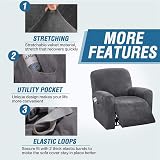 LINGKY Velvet Recliner Chair Covers 4-Piece Set with Side Pocket, Gray view 4