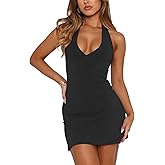 Pungdra Women's Summer Sexy Halter V Neck Mini Dress for Women Slim Fit Club Party Going Out Bodycon Short Dresses