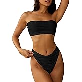 ZAFUL Women Strapless Textured Bandeau Bikini 2 Piece Swimwear Cheeky Solid Lace up Bathing Suits