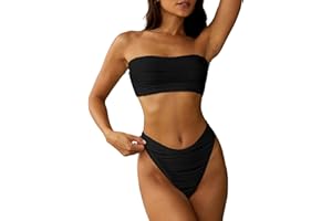 ZAFUL Women Strapless Textured Bandeau Bikini 2 Piece Swimwear Cheeky Solid Lace up Bathing Suits