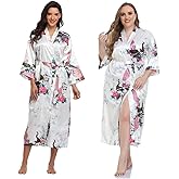 Super Shopping-zone Women's Floral Long Silk Kimono Robes Satin Dressing Gown Peacock Blossoms