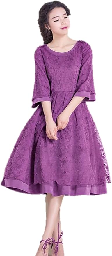Amazon レディース ワンピース 花柄 レース レイヤード ふんわり ホーンスリーブ かわいい エレガント 紫 清楚 K ワンピース チュニック 通販