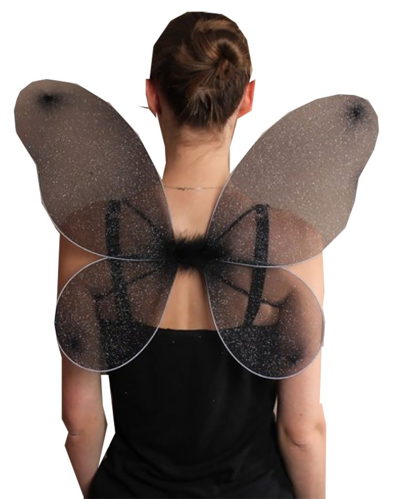 Adult Ladies Black Net Fairy Wings with Silver Glitter Womens Fancy Dress Parties Accessories