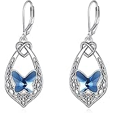 Celtic Butterfly Earrings 925 Sterling Silver Love Celtic Knot Leverback Dangle Drop Earrings with Blue Crystal from Austria, Birthday Anniversary Jewelry Gifts for Women