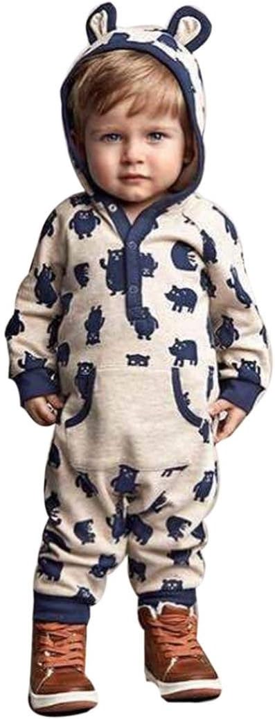 Newborn Baby Boys Girls Cartoon Hoodie Jumpsuit Romper Bodysuit Warm Clothes Outfits