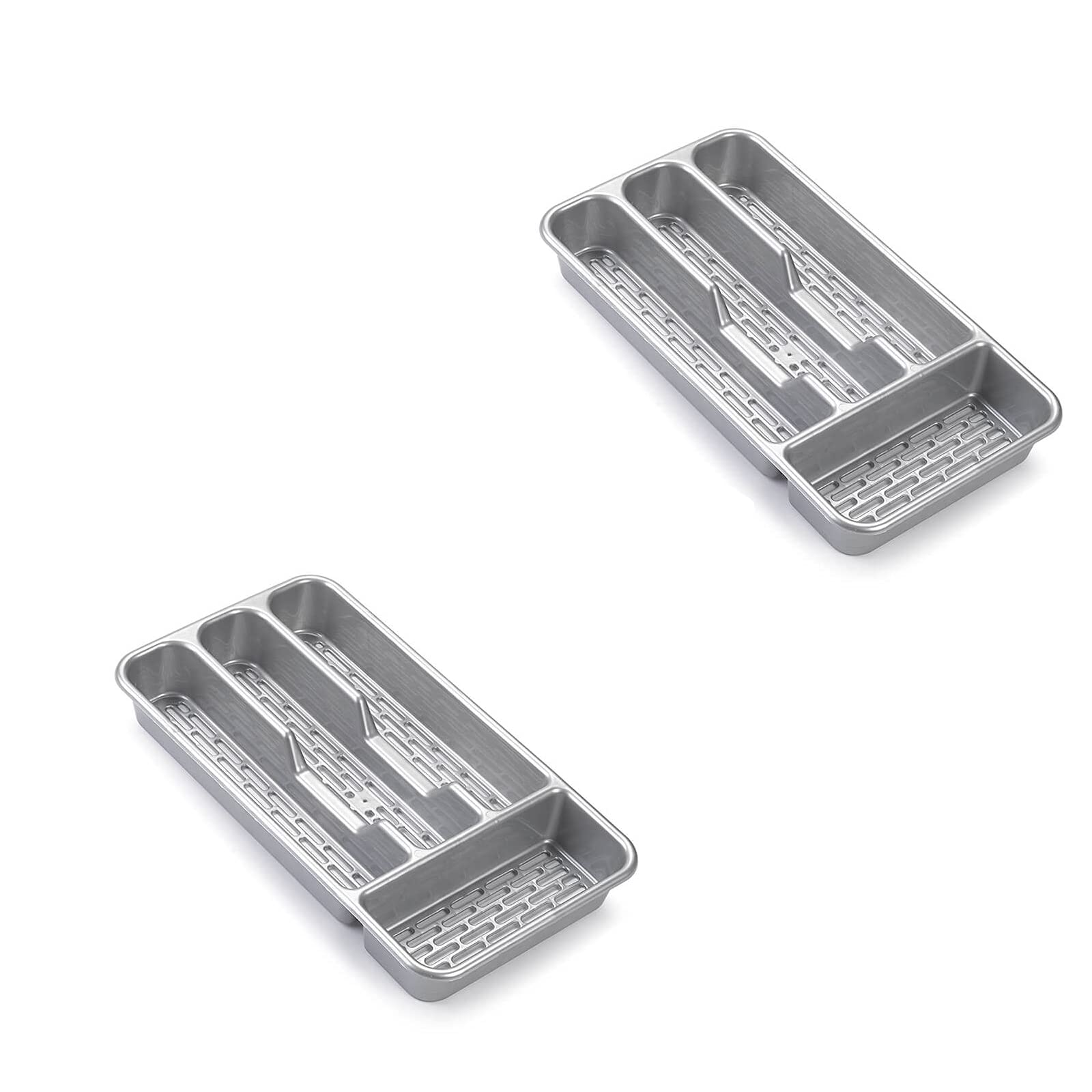 Pack of 2 Large Plastic Cutlery Tray 4 Compartments Kitchen Tidy Organiser Flatware Organiser Strong Plastic Drawer Sliding Tidy (33 X 17.5 X 4.3cm - Slim, Silver)