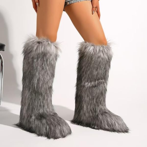 VALPEAK WOMENS FAUX FUR BOOT WINTER FLUFFY LONG FURRY BOOTS FOR GIRLS OUTDOOR FUZZY KNEE-HIGH BOOTS(DARK GREY,12)