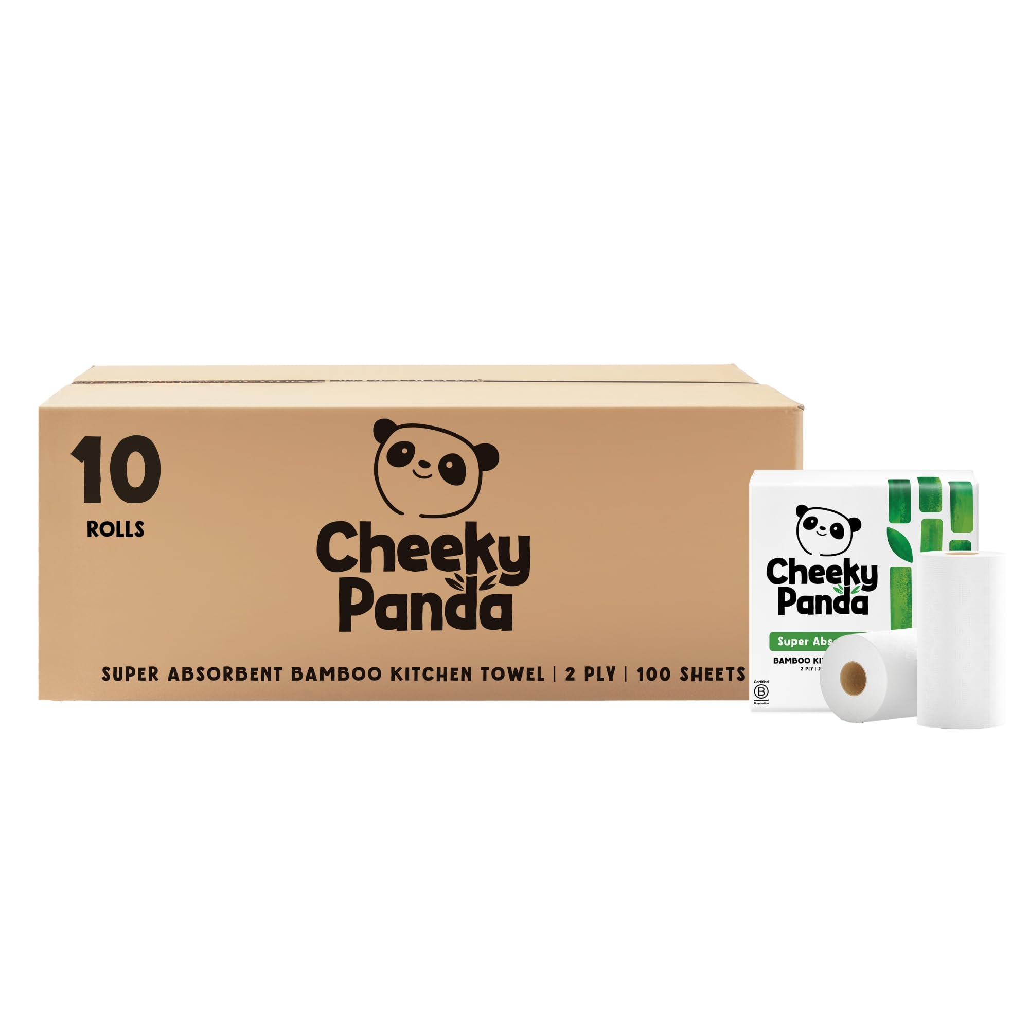 The Cheeky Panda Bamboo Kitchen Roll | 10 Kitchen Rolls - 1000 Super Strong Sheets | Naturally Strong and Absorbent Plastic Free Kitchen Paper Towels