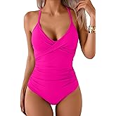 B2prity Women's One Piece Swimsuits Tummy Control Front Cross Bathing Suits Tie Back Slimming V Neck Swimwear(Hot Pink)