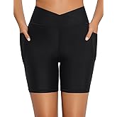 Bonneuitbebe Women Swim Shorts High Waisted Bathing Suit Bottoms Cross Waist Swimsuit Bottoms with Pockets