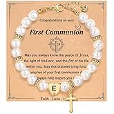 Personalized First Communion Gifts for Daughter Niece, Initial Cross Pearl Bracelet for Catholic, Goddaughter Communion Gifts from Godparent