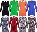 Womens Plus Size Peter Pan Collar Printed Plain Long Sleeve Swing Flare Dress 10-24