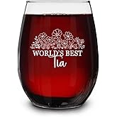 QPTADesignGift World's Best Tia Wine Glass - Gifts For Tia From Grandkids - Birthday Gifts For Tia - Mother's Day Gifts - Tia Wildflowers Wine Glass - Best Tia Floral Wine Glass, 15oz, Transparent