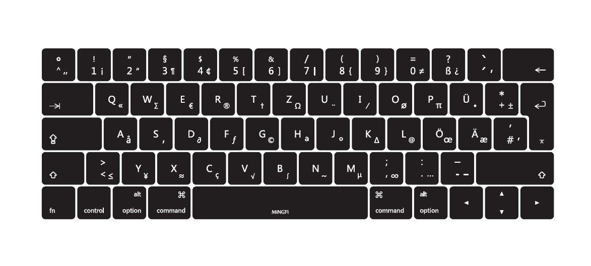MiNGFi Silicone German QWERTZ Keyboard Cover for MacBook Pro 13" A1706/A1989/A2159 (2016–2020), Pro 15" A1707/A1990 (2016–2019) EU/ISO Layout - Black