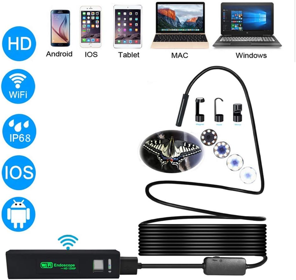RSGK 8mm WiFi Endoscope, 1600 * 1200 HD Camera with Flexible Snake Camera with Adjustable LED Light for Android IPhone