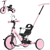 RIDYEE 5-in-1 Toddler Tricycle Ages 1.5-5, Parent Steering Trike | Yellow, Tool-Free Conversion to Balance Bike, Safety Belt, Removable Backrest &amp; Footrest