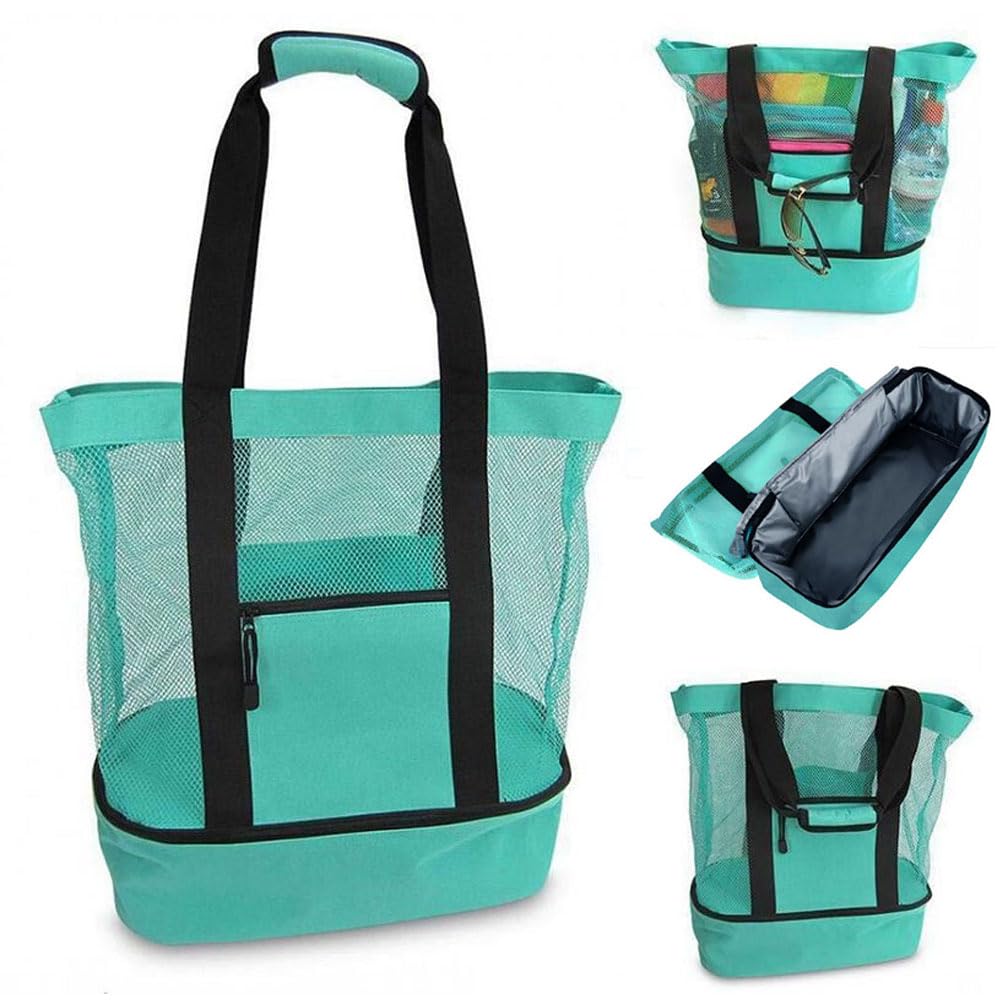 Oaygat Mesh Beach Tote Bag Zipper Bag for Beach Pool Picnic, Insulated Cooler Compartment, Dry & Wet Separation, Organized Multi-Pocket Layout, Unisex-Adults, 41cm x 17cm x 51cm, Turquoise