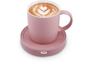 BESTINNKITS Smart Coffee Set Auto On/Off Gravity-Induction Mug Office Desk Use, Candle Wax Cup Warmer Heating Plate (Up to 131F/55C), 14oz (Pink Set)