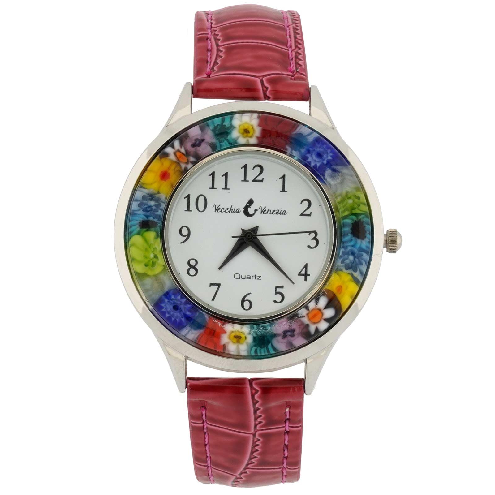 Glass Of Venice Serena Murano Millefiori Watch with Leather Band - Rose Red