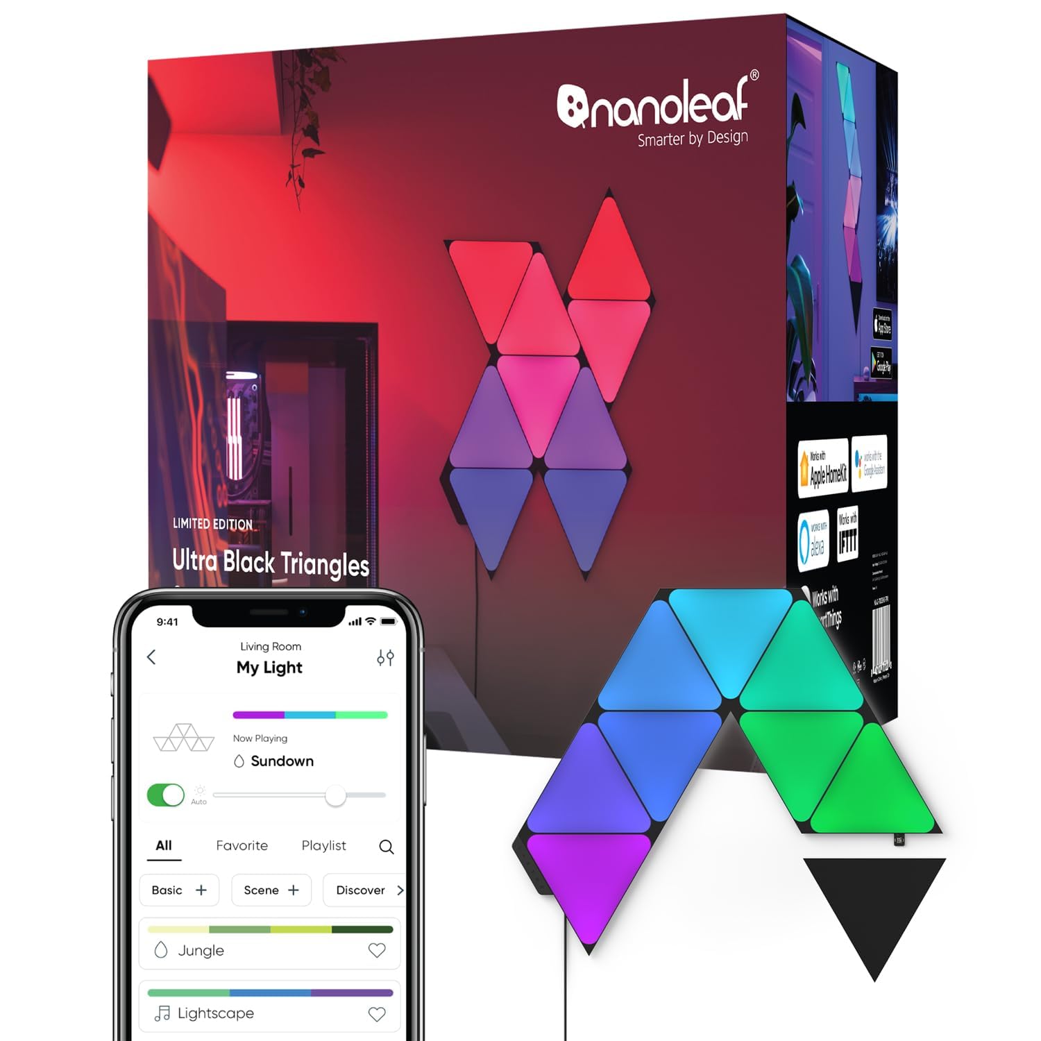 Nanoleaf Shapes Ultra Black Triangle Starter Kit, 9 Smart Light Panels LED RGBW - Modular Wi-Fi Colour Changing Wall Lights, Works with Alexa Google Assistant Apple Homekit, for Room Decor & Gaming
