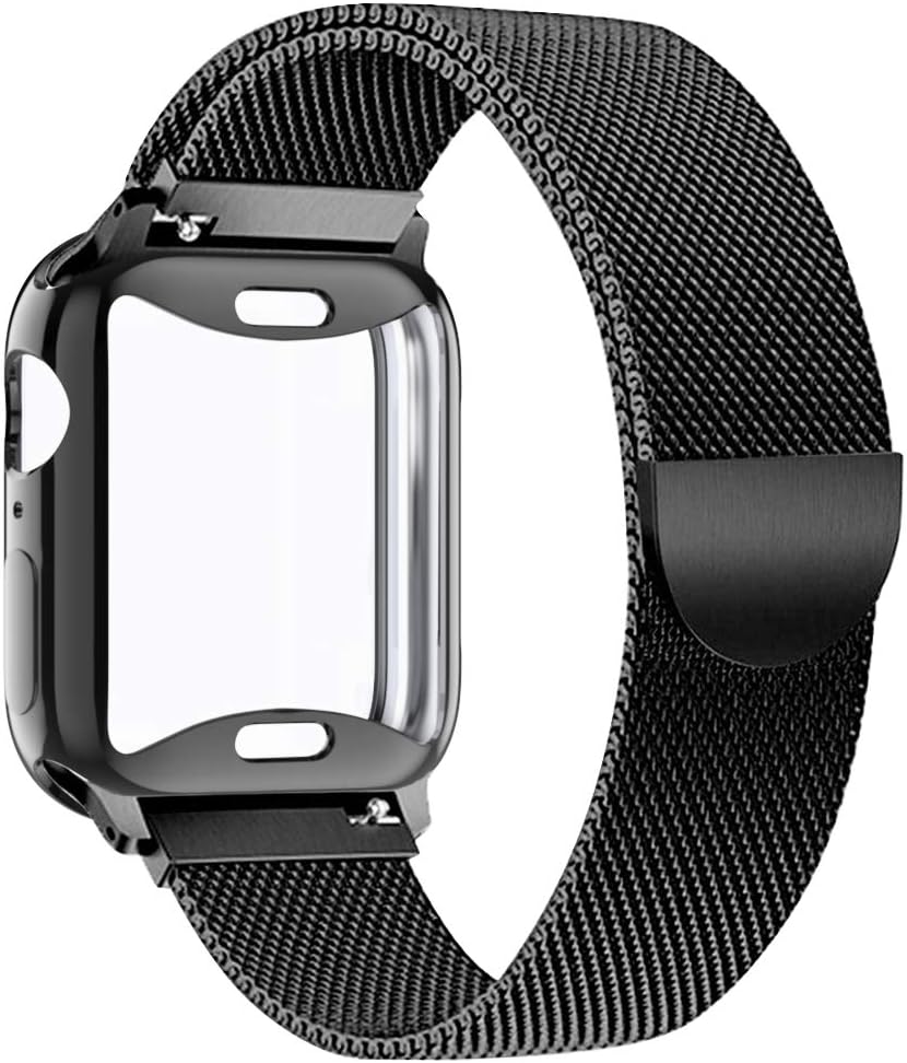 KEOLUS Compatible for Apple Watch Band 38mm 40mm 42mm 44mm with Screen Protector, Soft TPU Protective Case with Stainless Steel Mesh Loop Replacement for iWatch Band Series 5 4 3 2 1
