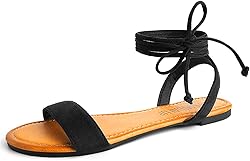 SANDALUP Tie Up Ankle Strap Flat Sandals for Women