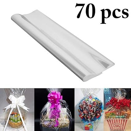 Outgeek 70PCS Clear Cellophane Basket Cellophane Wrap Cello Wrap Bag for Decoration