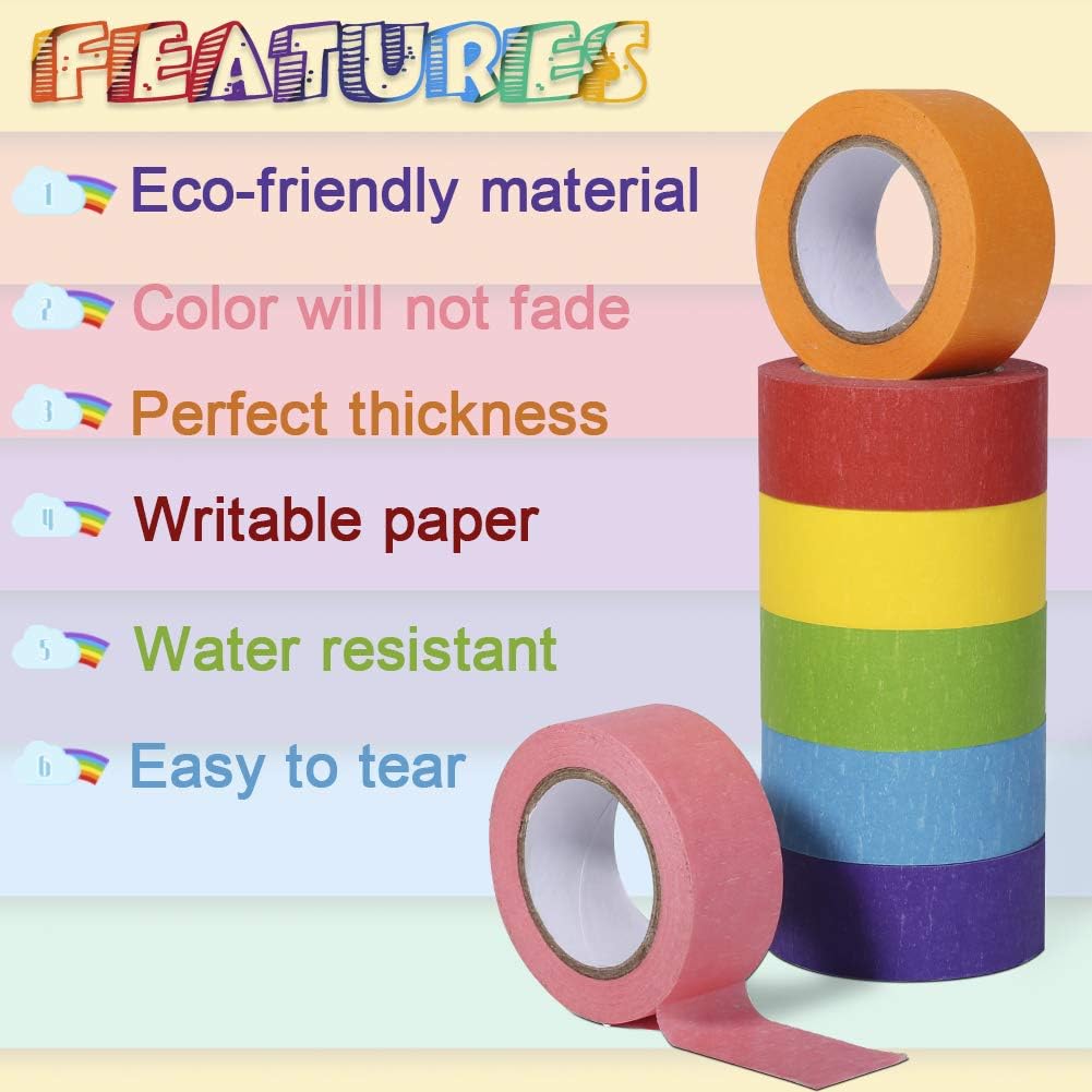 Colored Masking Tape, Arts Painters Tape with Rainbow Colors for Kids Craft Paper Tape Decorative Colorful Teacher Tape for DIY Labeling Coding School Projects 7 Rolls, 1 Inch x 42.6ft