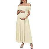 OUGES Women's 2026 Summer Spring Off The Shoulder Mesh Maxi Maternity Baby Shower Dresses for Photoshoot Wedding Guest Sleeveless Formal Pleated Long Pregnancy Must Have Clothes(Champagne,XL)