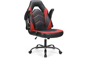 Sweetcrispy Computer Gaming Desk Chair - Ergonomic Office Executive Adjustable Swivel Task PU Leather Racing Chair with Flip-up Armrest for Adults, Kids, Men, Girls, Gamer, Black Red