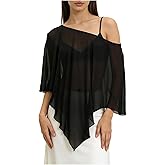 Women Sheer Mesh Poncho Top One Shoulder See Through Cape Blouse Asymmetrical Cover Up Beach Party Shrug Top