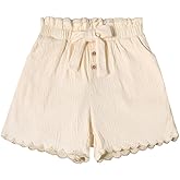 Ecolala Girls High Waisted Paperbag Shorts Scalloped Hem Textured Bow Tie Summer Wide Leg Shorts with Pocket