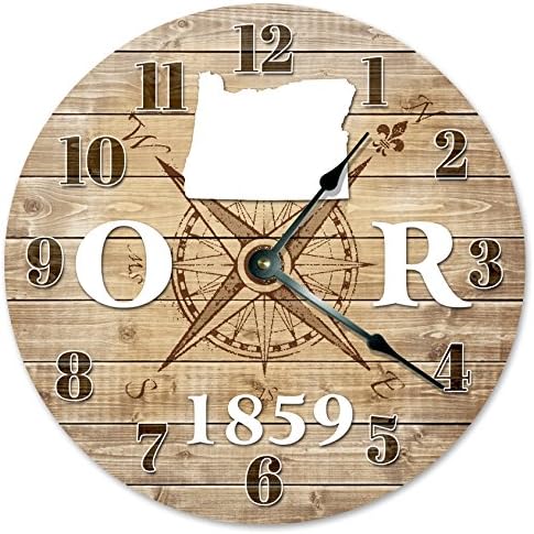 OREGON CLOCK Established in 1859 Decorative Round Wall Clock Home Decor Large 10.5" COMPASS MAP RUSTIC STATE CLOCK Printed Wood Image