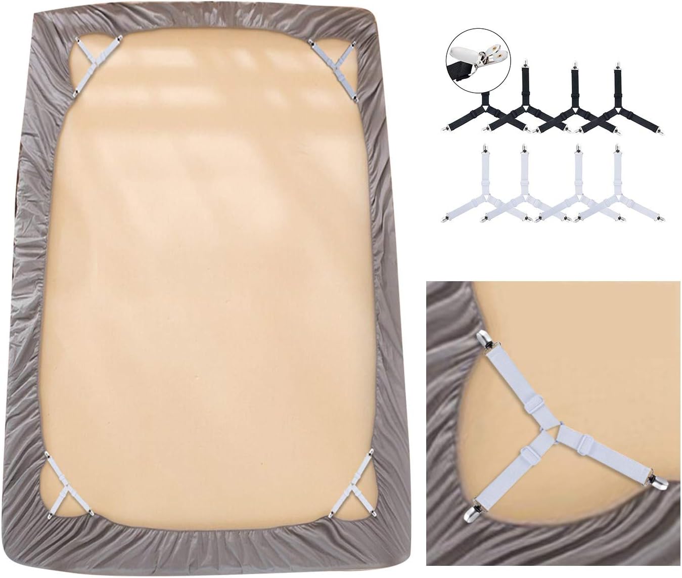 AE Life Bed Sheet Holder Straps, 8 Pack Adjustable Triangle Heavy Duty Elastic Sheet Clips Corner Gripper Suspenders for Fitted Bed Sheets, Mattress Pad Covers, Sofa Cushion - Black and White